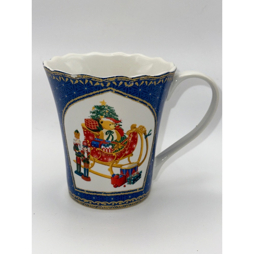 Robert Stanley Christmas Mug Teddy Bear Sleigh Nutcracker‎ Blue Gold Scalloped